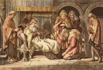 Harold, som återvänder från Normandie, presenterar sig själv för Edward the Confessor, graverad av JD Cooper (färgad gravyr) av Daniel Maclise
