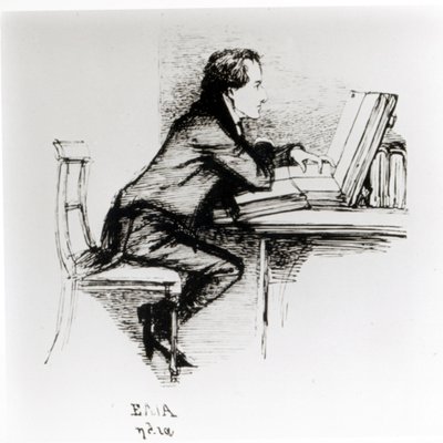 Porträtt av Charles Lamb (1775-1834) (penna och bläck på papper) (s/v foto) av Daniel Maclise