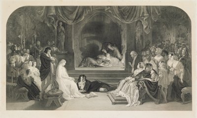 The Play Scene, Act III, Scene II of Hamlet av William Shakespeare, graverad av Charles W. Sharpe (litho) av Daniel (after) Maclise