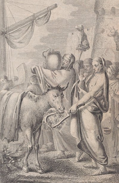 Figurer till höger nära ett skepp, några håller upp djur över huvudet, en häst till vänster, 1783 av Daniel Berger