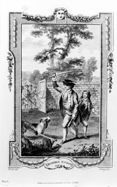 Roderick Randoms farbror attackeras av hundar, illustration från 