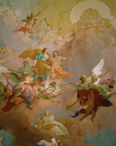 Hermes leder jaktgudinnan Diana upp på Olympen där Zeus har lämnat sin tron åt henne (freske) av Daniel Gran