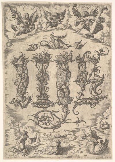 IHS-monogram omgivet av sex änglar, ca. 1485-1536. av Daniel Hopfer
