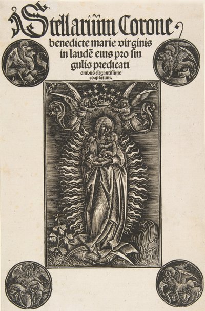 Virgin on a Crescent, Titelsida från Pelbartus de Temesvar: Stellarium corone Schr. 2869..., 1502. av Daniel Hopfer.