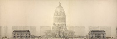 Plansch 131 från The Plan of Chicago, 1909: Chicago. Elevation som visar den grupp av byggnader som utgör det föreslagna Civic Center. av Daniel Hudson Burnham