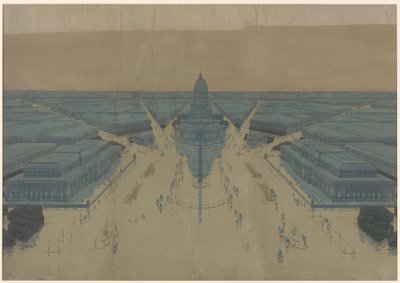 Vy över det föreslagna Civic Center Plaza och byggnaderna, 1909 års plan över Chicago av Daniel Hudson Burnham