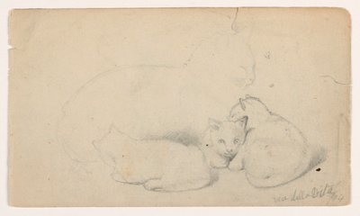 Teckning, Katt och tre kattungar; a tergo: Sittande arab som tar emot en man, möjligen efter David Roberts, 1844 av Daniel Huntington