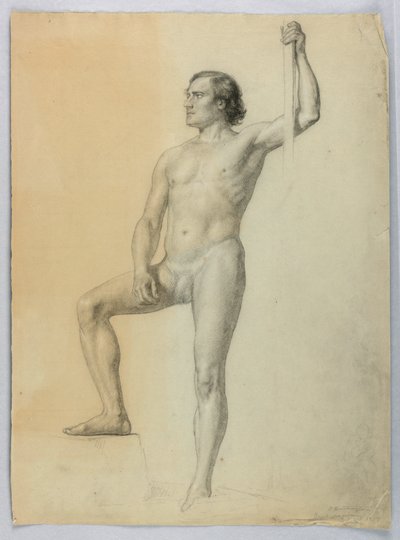 Teckning, Manlig naken med ena foten på ett trappsteg, 1858 av Daniel Huntington