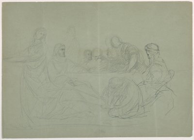 Teckning, Maria tvättar Kristi fötter, flera män sittande vid ett bord; Verso: anteckningar, 1852 av Daniel Huntington