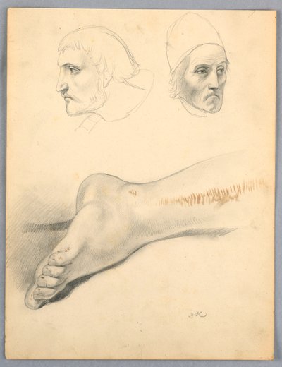 Teckning, höger fot och två huvuden S, 1852 av Daniel Huntington