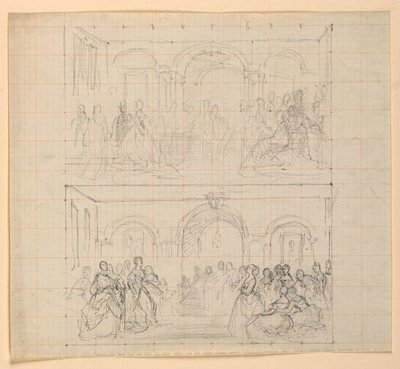 Två figurkompositioner för målningen "The Republican Court" (Lady Washingtons mottagningsdag) av Daniel Huntington