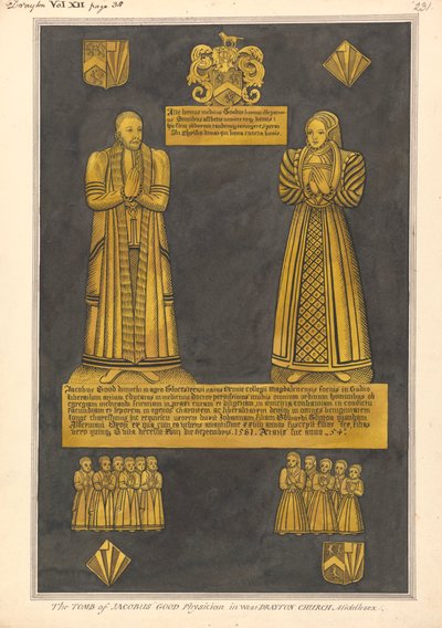 Mässingsplatta för Dr James Goode och hans fru Joan, dotter till Edward Clinton, West Drayton Church av Daniel Lysons