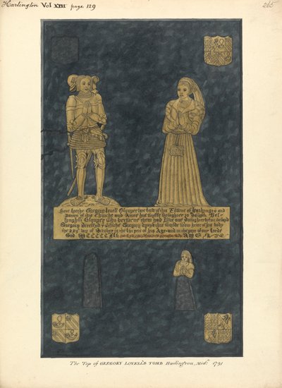 Mässingsplatta för Gregory Lovell och hans fru Anne, David Bellinghams dotter, Harlington Church av Daniel Lysons