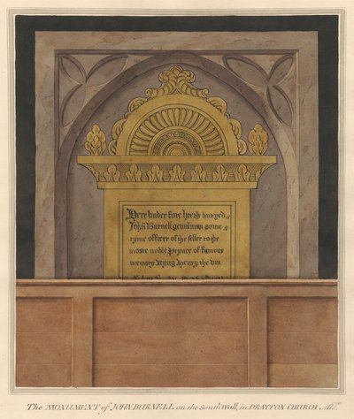 Mässingsplatta för John Burnell från Drayton Church av Daniel Lysons
