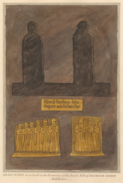 Mässingsplåtar på en oidentifierad grav i trottoaren i South Aisle från Hillingdon Church av Daniel Lysons