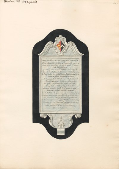 Minnesmärke för Henry och Penelope Colchester, och fyra barn och två barnbarn, från West Ham Church av Daniel Lysons