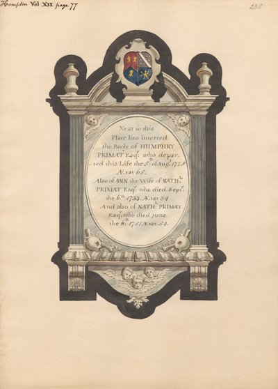 Minnesmärke till Humphry Primat, Nathaniel och Ann Primat från Hampton Church av Daniel Lysons