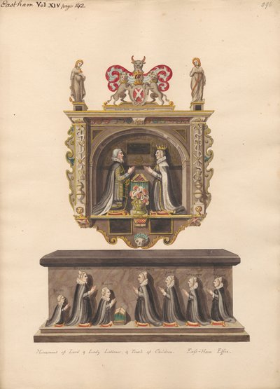 Minnesmärke till Lord and Lady Latimer och barnens grav Ralph, Katherin, Ralph, Dorothye, Jane, Margaret och Anne från East Ham Church av Daniel Lysons