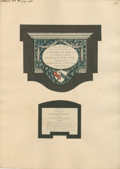 Minnesmärke över Thomas Clarke och fru Sarah och Thomas Worlidge från Fulham Church av Daniel Lysons