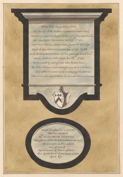 Minnesmärken till Richard Cumberland och Mrs Elizabeth Mosteyn från Hampton Church av Daniel Lysons