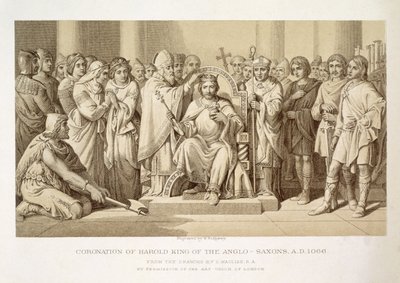Kröning av Harold, kung av anglosaxarna, graverad av W. Ridgeway av Daniel Maclise