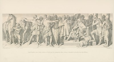 Guy of Ponthieu ger ytterligare publik till Harold och hans följeslagare, vars frigivning begärs av Heralds från Duke William av Daniel Maclise