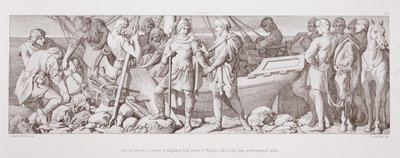 Harald, som är på väg att återvända till England, säger adjö till Vilhelm, som ger honom avskedspresenter, från "The Story of the Norman Conquest", graverad av L. Gruner, 1866. av Daniel Maclise
