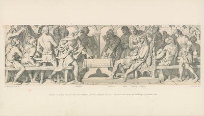Harold erövrare i Stamford, och sårad, sitter vid en bankett i York. En härold tillkännager hertig Williams landstigning av Daniel Maclise