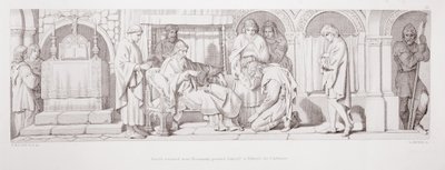 Harold, som återvänt från Normandie, presenterar sig för Edvard Bekännaren, ur "The Story of the Norman Conquest", graverad av L. Gruner, 1866. av Daniel Maclise