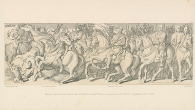 Slagets morgon. Den normandiska chefen Taillefer leder hertig Williams skåpbil, sjunger Rolands sång och jonglerar med sitt svärd av Daniel Maclise