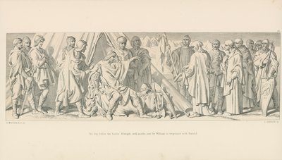 Dagen före slaget. En riddare, med munkar, skickad av William för att förhandla med Harold av Daniel Maclise