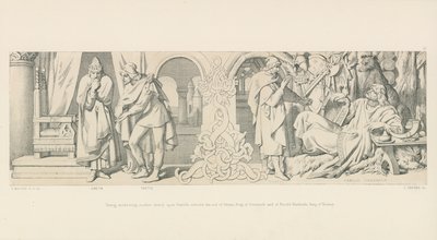 Tostig, som planerar en ny attack mot Harald, ber om hjälp av Sweyn, kung av Danmark, och Harald Hardrada, kung av Norge. av Daniel Maclise