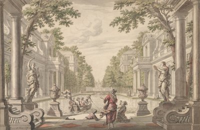 Utsikt över en palatsträdgård med en central damm omgiven av klassisk arkitektur..., ca. 1700-1720. av Daniel Marot