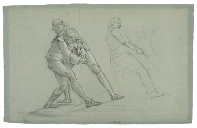 Studie för The Siege of Gibraltar (Study of Figures Draling on a Rope), 1785-1786 (svartvit krita på gråblått papper) av Daniel Mytens