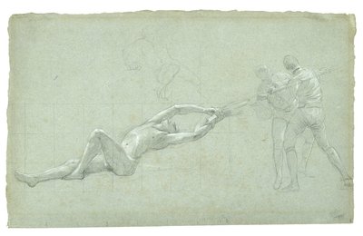 Studie för The Siege of Gibraltar (Studie av räddad figur och två figurer som drar på en åra), 1785-1786 (svartvit krita på grågrönt papper) av Daniel Mytens