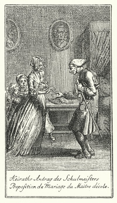 Skolmästarens äktenskapsförslag (gravyr) av Daniel Nikolaus (after) Chodowiecki