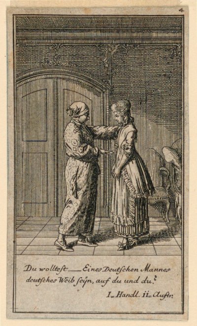 A Father or Guardian Talking to a Girl, Illustration av pjäsen "Not more than sachs Schuesseln" av Fredrich Wilhelm Grossman i "Königl: Grosbrit [rian] genealogical calendar for the 1782 year Lauenberg by J.G. Berenberg" av Daniel Nikolaus Chodowiecki