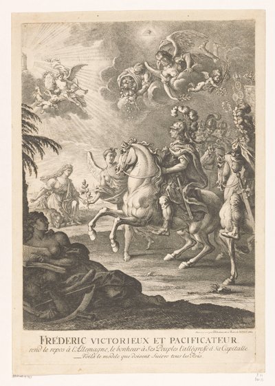 Allegorisk framställning med Fredrik den store till häst Fréderic victorieux et pacificateur (...) (titel på objekt) av Daniel Nikolaus Chodowiecki