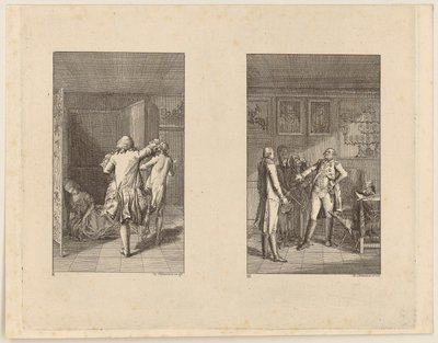 Baronen jagar ut Candide från slottet [till vänster]; Candide, Kunigunde och den gamla kvinnan inför guvernören i Buenos Aires [till höger] av Daniel Nikolaus Chodowiecki