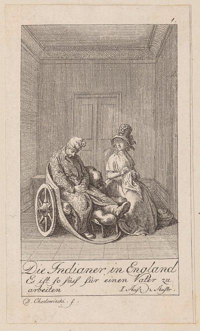 Blad 1 till Aug. von Kotzebues ”Indianerna i England” av Daniel Nikolaus Chodowiecki