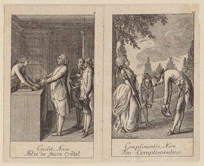 Blad 9 och 10 ur *Centifolium Stultorum*, *Dårskaper* av Daniel Nikolaus Chodowiecki