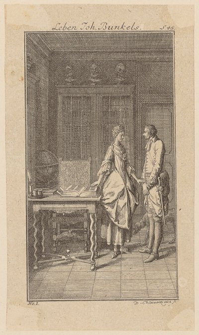 Bunkel i Miss Henriette Noels bibliotek, blad 1 ur ”Johann Bunkels liv, iakttagelser och åsikter” av Daniel Nikolaus Chodowiecki