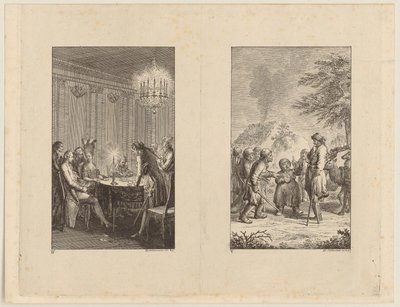 Candide hos en skådespelerska [vänster]; Candide i Norge [höger] av Daniel Nikolaus Chodowiecki