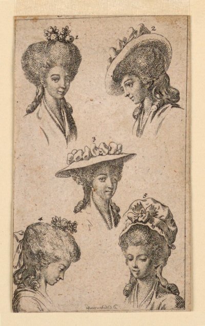 Fem huvudbonader, som bärs av Berlins kvinnor, Illustration för "Königl: Grosbrit [anian] genealogical calendar for the 1783 year Lauenberg by J.G. Berenberg" av Daniel Nikolaus Chodowiecki