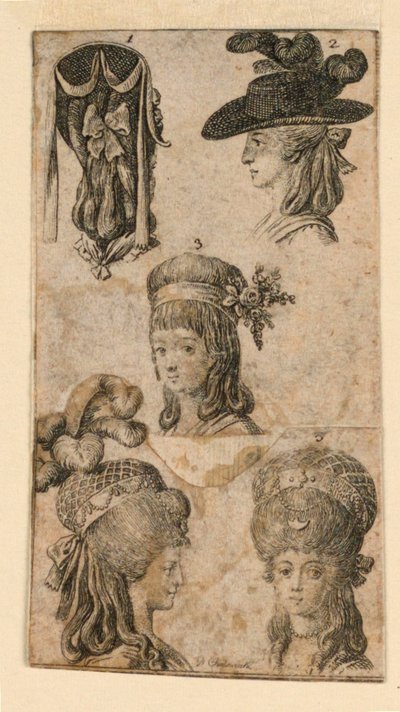 Fem huvudbonader för kvinnor, två fragment av illustrationer för "Königl: Grosbrit [anian] genealogisk kalender för 1781 års Lauenberg av J.G. Berenberg" av Daniel Nikolaus Chodowiecki