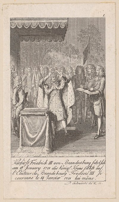 Kurfyrst Fredrik III av Brandenburg kröner sig själv, blad 1 i serien "Äldre, medeltida och nyare historia" av Daniel Nikolaus Chodowiecki