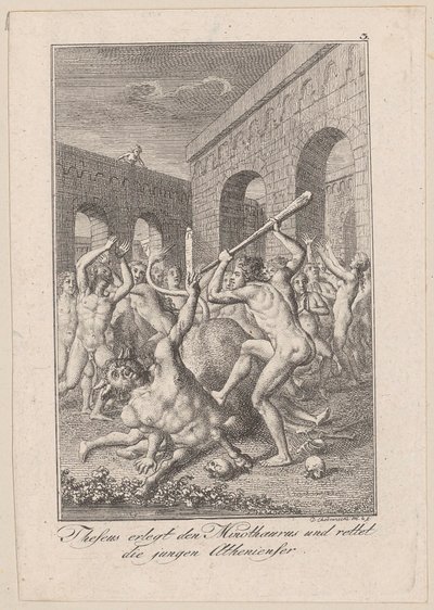 Theseus dödar Minotauros och räddar de unga atenarna, blad 3 till Beckers "Theseus" av Daniel Nikolaus Chodowiecki