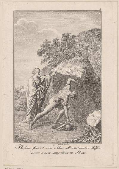Theseus finner ett svärd och andra vapen under en sten, blad 1 till Beckers "Theseus" av Daniel Nikolaus Chodowiecki