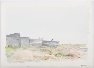 Fishing Cobles, Holy Island, 1895 (penna och wc på papper) av Daniel Oliver