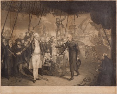 Lord Viscount Duncans seger och amiral De Winters avsked ombord på den ärevördiga, oktober 1797 (sticksticksgravyr) av Daniel Orme